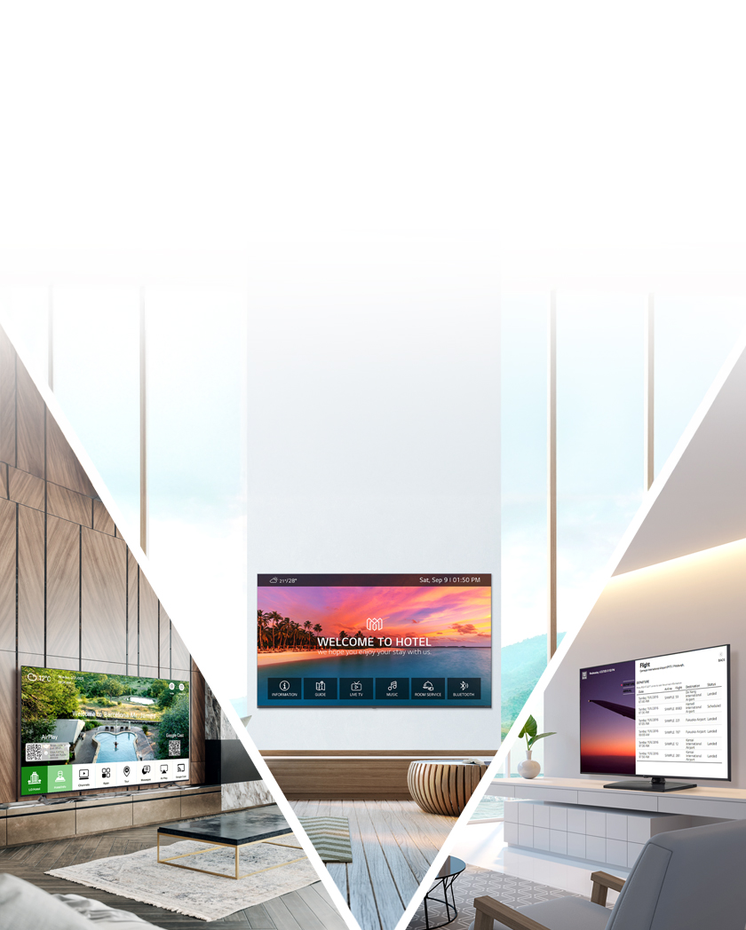 LG Pro:Centric Cloud is a content management solution specialized for hotels, allowing different content to be set and distributed to each room. This image shows three individual guest rooms displaying different content, with each hotel TV screen showing personalized welcome messages or flight schedules.