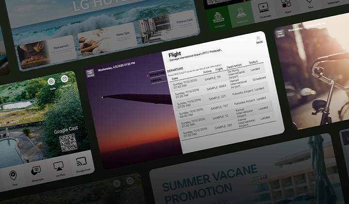 This image shows an example of customized content created for each room using the LG Pro:Centric Cloud solution.
