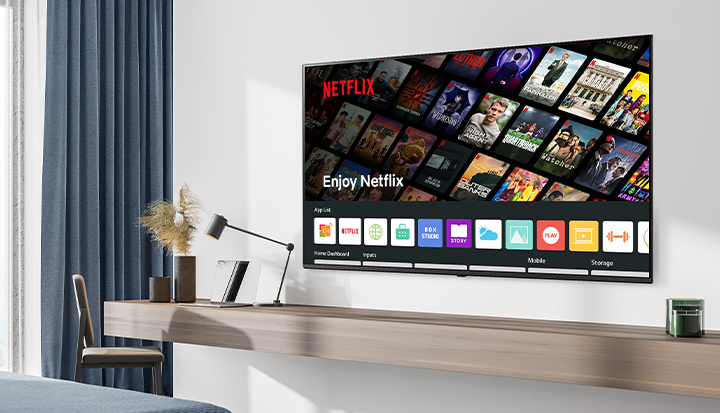 The hotel TV screen shows Netflix playing. LG Pro:Centric Cloud supports automatic logout when guests check out.