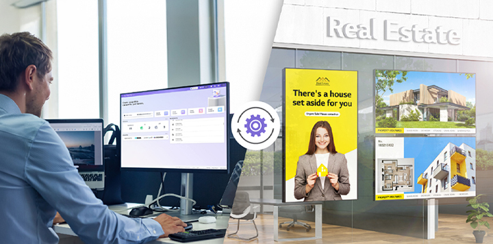 The image shows various window-facing displays installed at a real estate site, each playing different ads and content. On the left, a person is depicted remotely managing the signage using LG SuperSign Cloud.