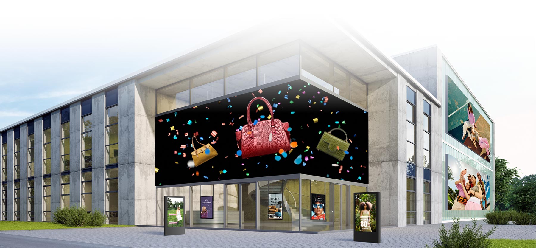 This image provides an example of how LG SuperSign Cloud distributes content across multiple outdoor digital signages.