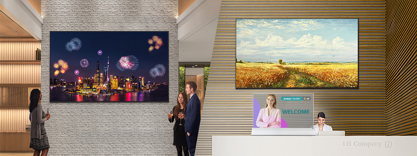 This scene shows art content being displayed on digital signages located in a company’s lobby and hallway areas.