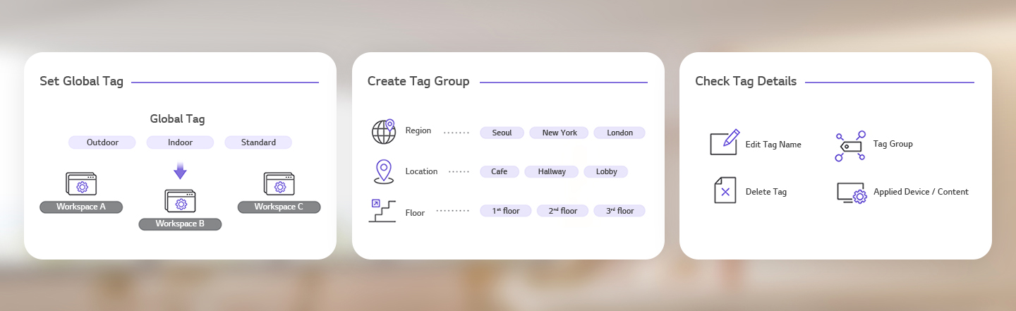 This visual briefly introduces the functions available in Tag Management, supported by simple icons.