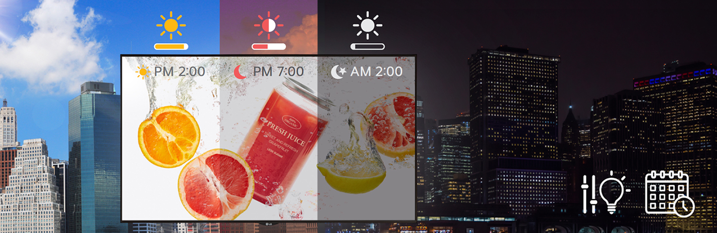Over time, the signage brightness adapts to changes in external lighting. Users have the option to adjust it for increased brightness in strong sunlight and decreased brightness in darker conditions.